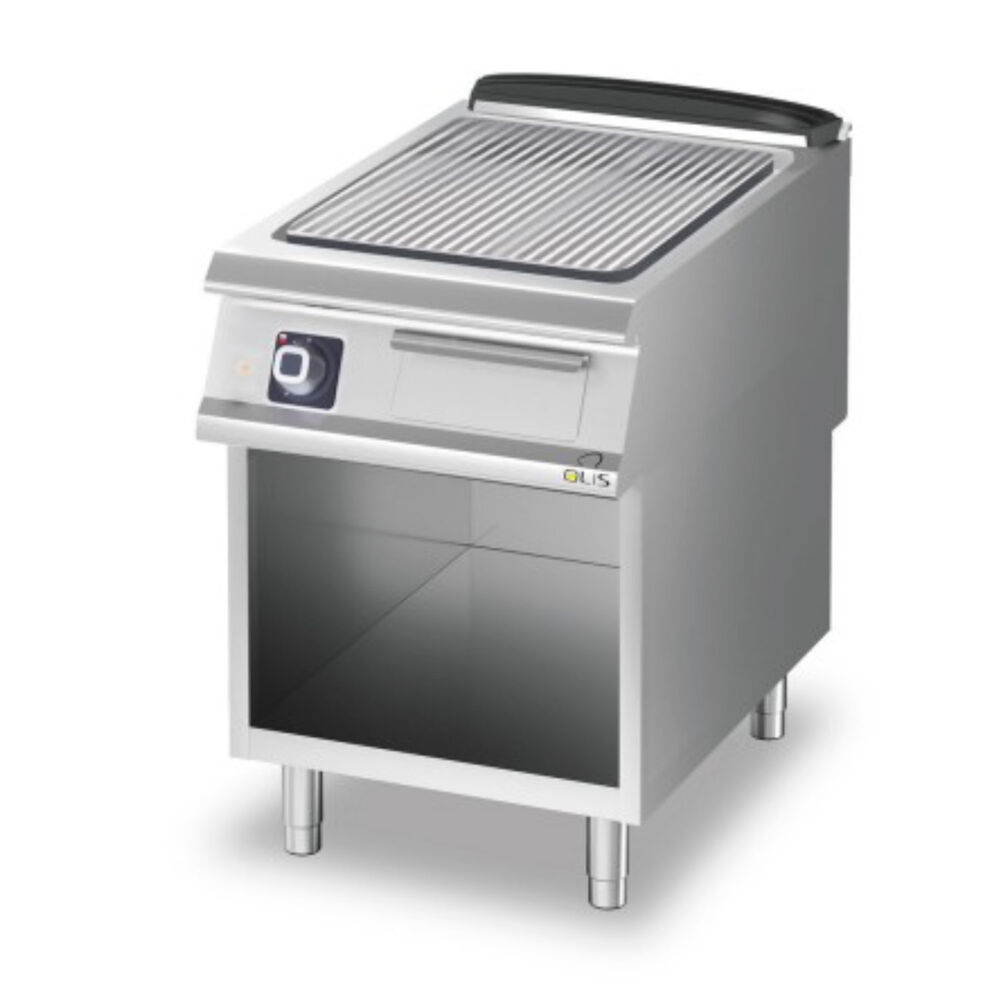 Griddle chromium/grooved Metos Diamante D93/10SFTECR with open cupboard
