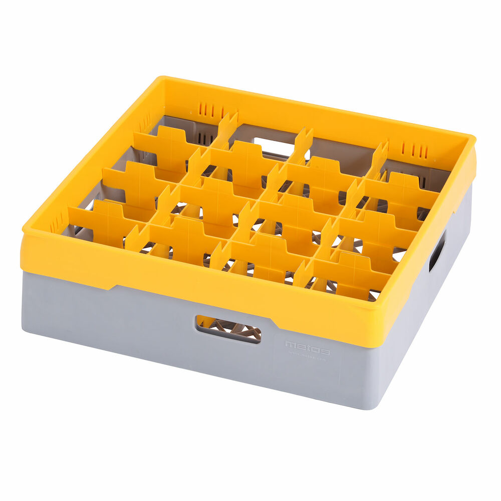 Grey compartment basket Metos with yellow heightening frame