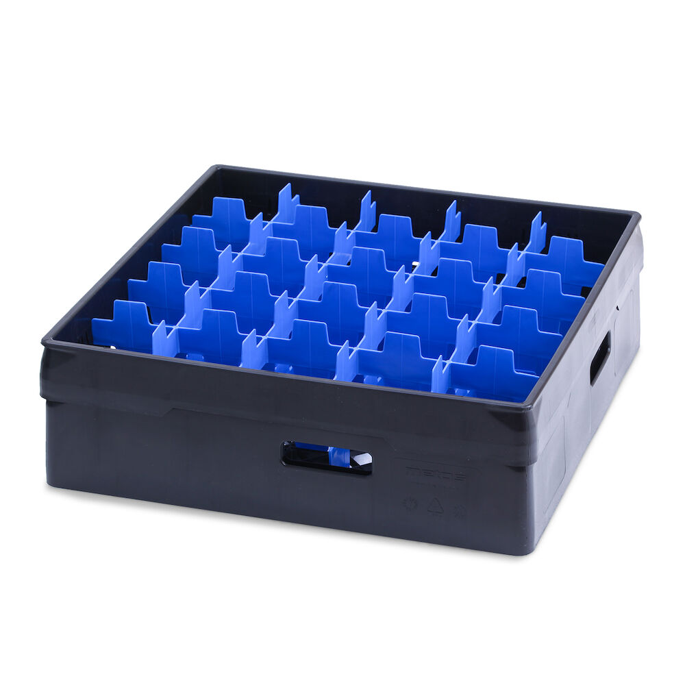 Svart fackindelad diskkorg Metos med svart höjningsram och blått fackför 25x Ø87x120 mm glas