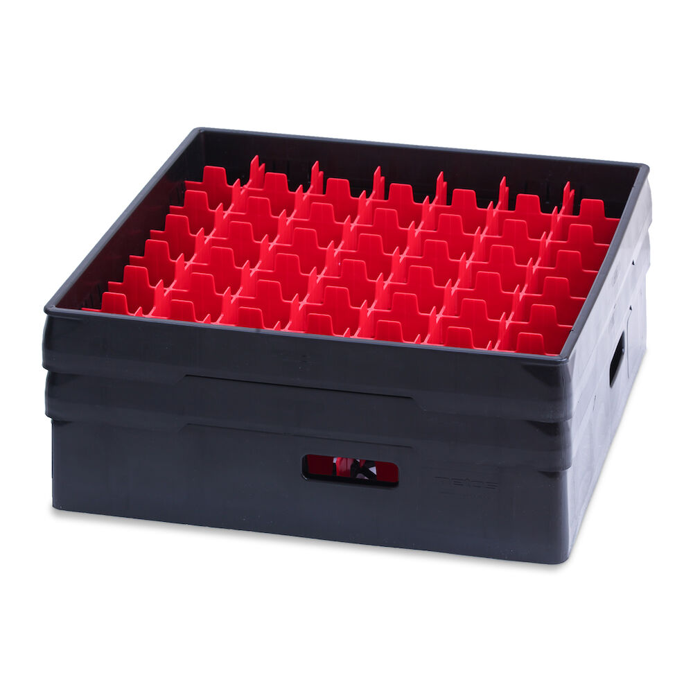 Svart fackindelad diskkorg Metos med svart höjningsram och rött fack för49x Ø60x170 mm glas